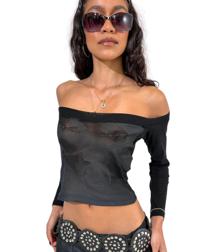 Graphic Mesh Off shoulder Top