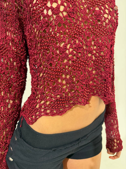 Wine Crochet Beaded Long sleeve Top