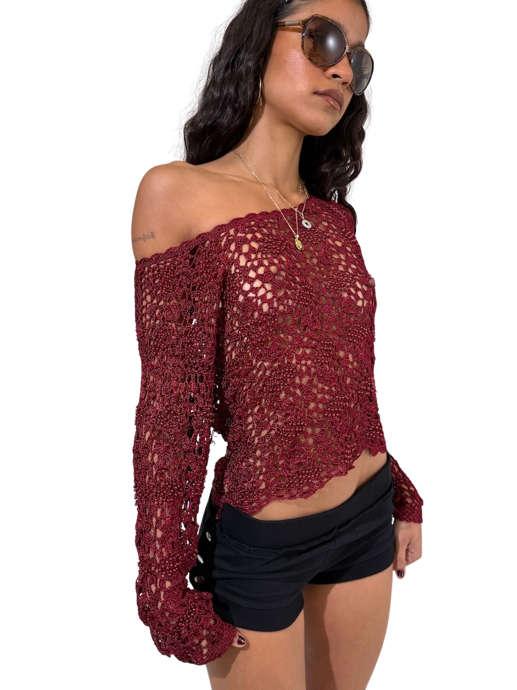 Wine Crochet Beaded Long sleeve Top