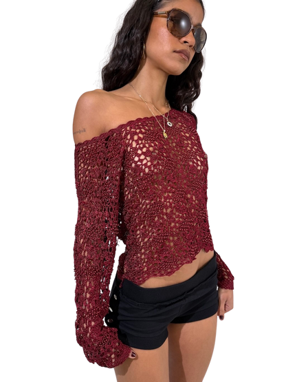 Wine Crochet Beaded Long sleeve Top