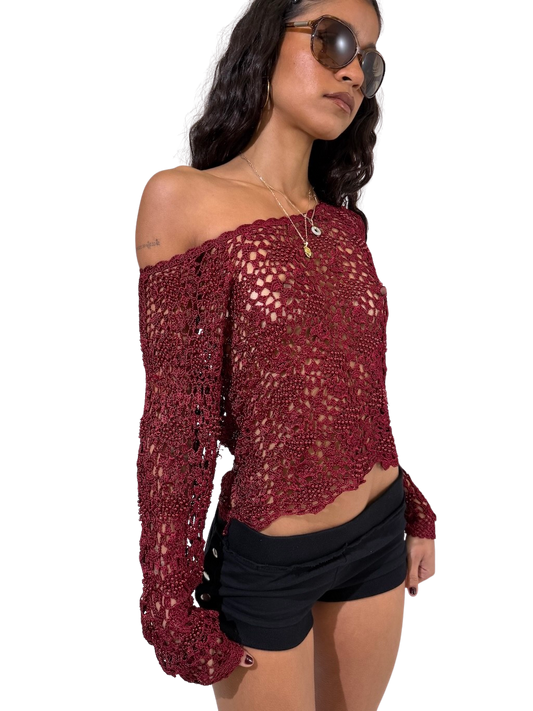 Wine Crochet Beaded Long sleeve Top