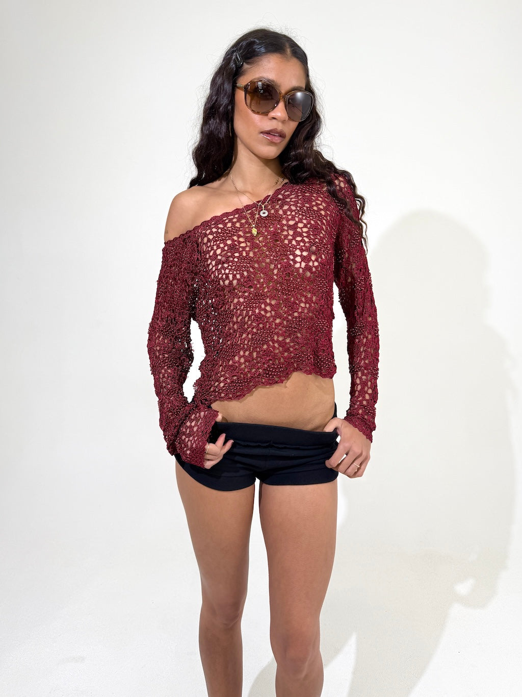 Wine Crochet Beaded Long sleeve Top