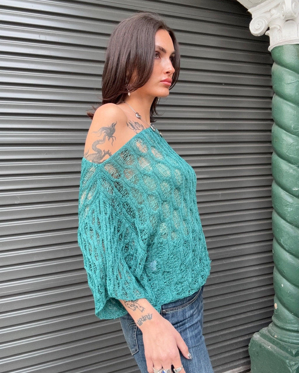 Turquoise Bat Wing Knit Top
