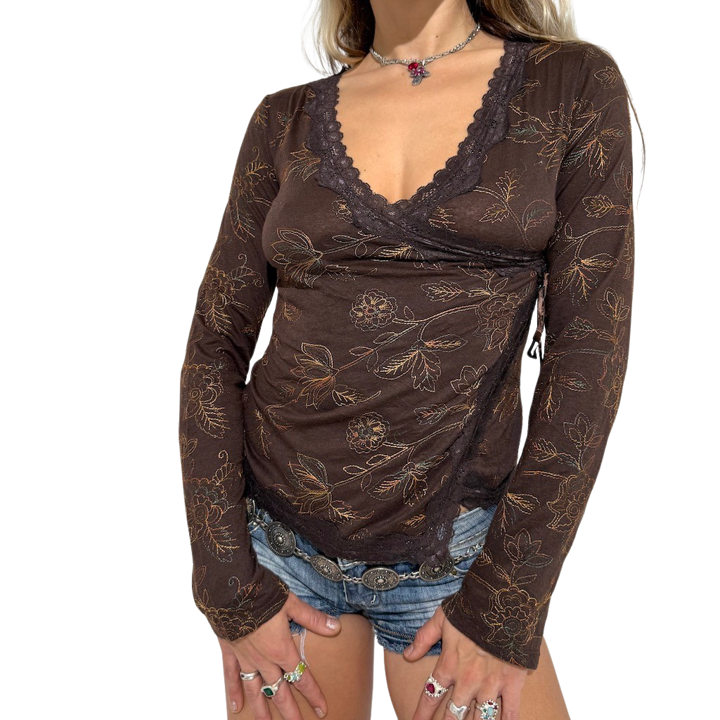 Choc Lace Flare Sleeve Wrap Top