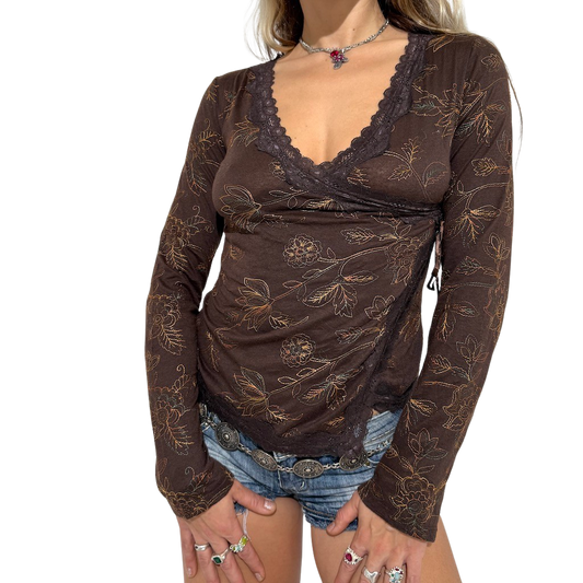 Choc Lace Flare Sleeve Wrap Top