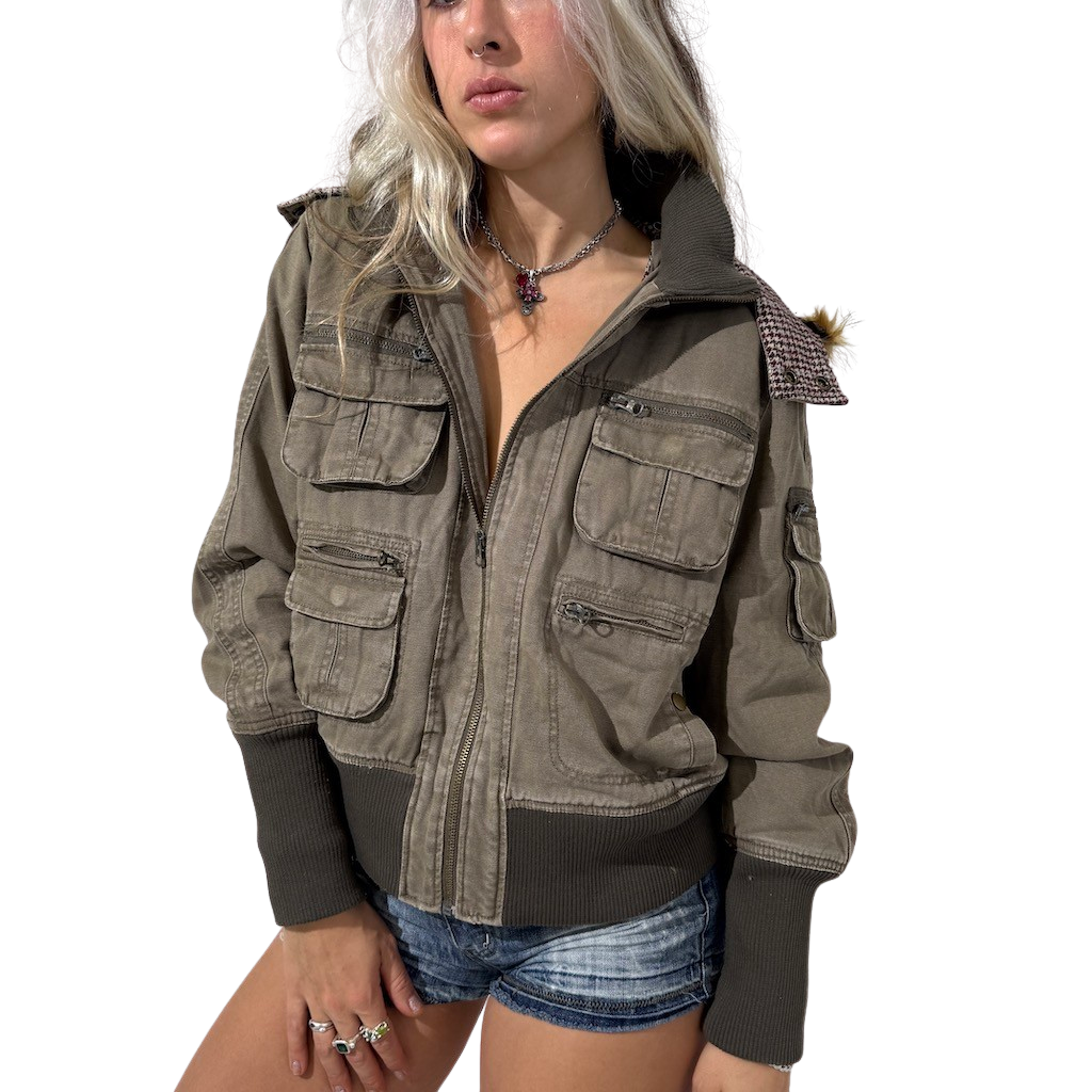 Cargo Khaki Zip Cropped Jacket