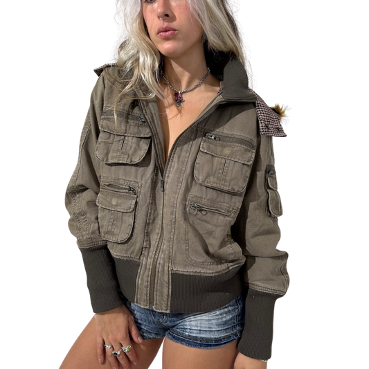 Cargo Khaki Zip Cropped Jacket