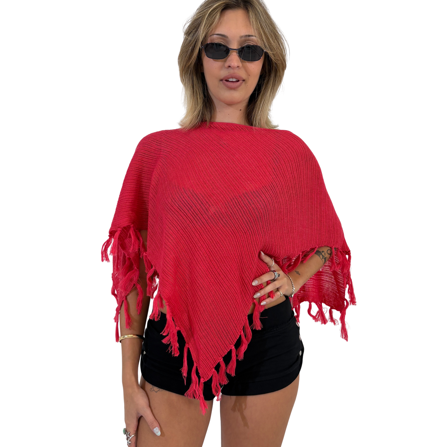 Semi Sheer Pink Tassel Poncho