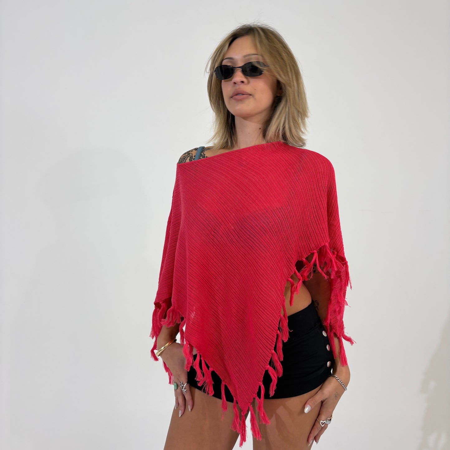 Semi Sheer Pink Tassel Poncho
