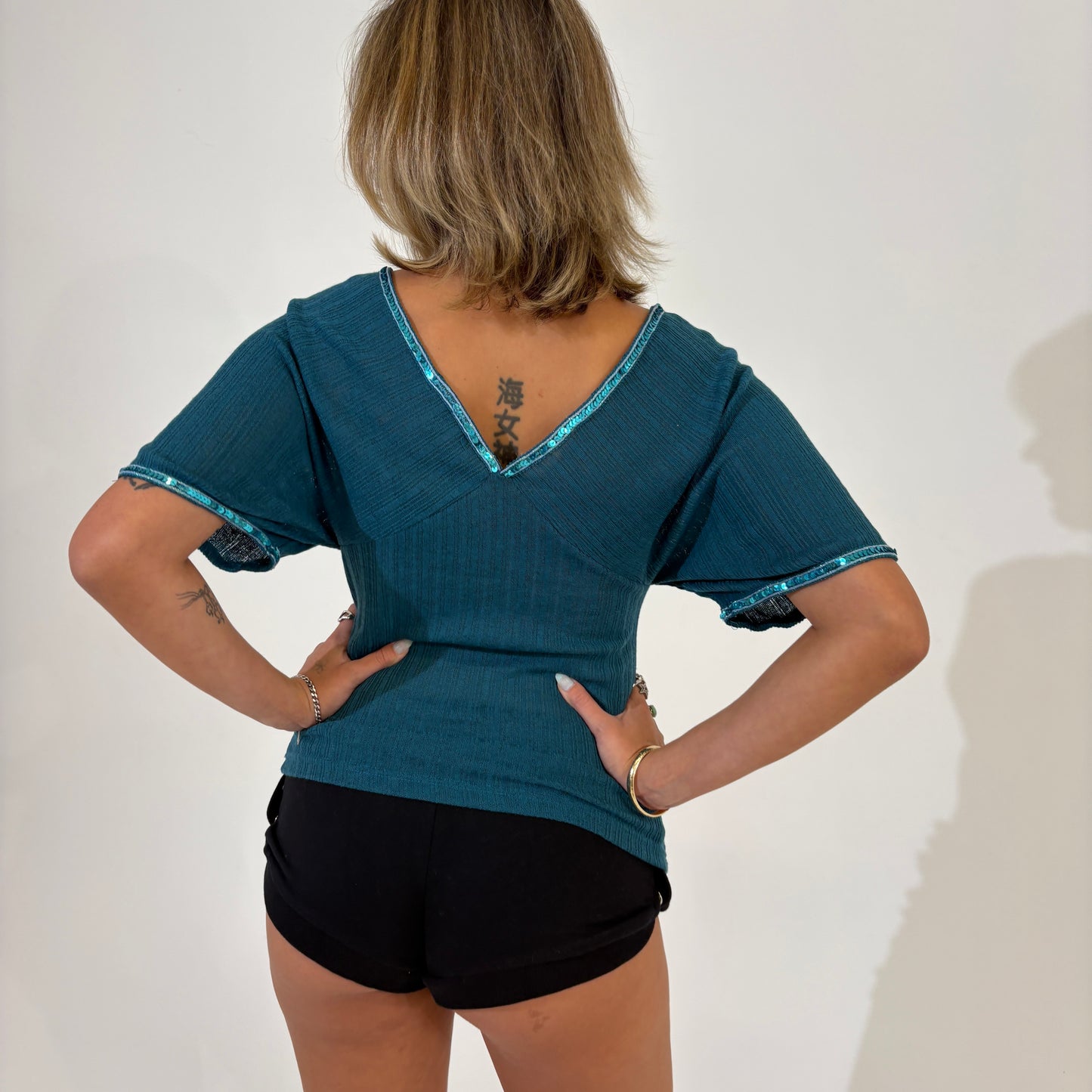 Blue Batwing with Sequin Trim