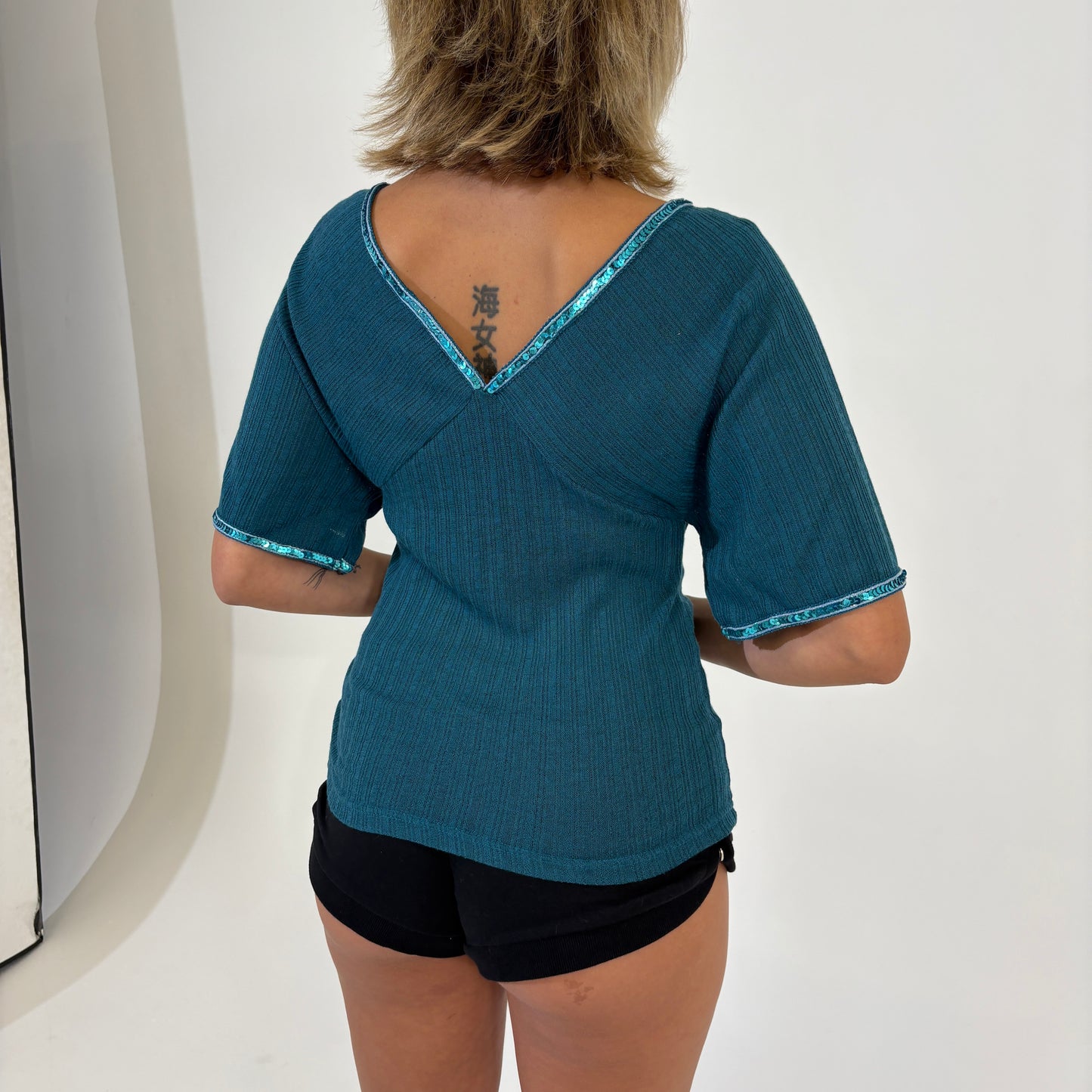 Blue Batwing with Sequin Trim