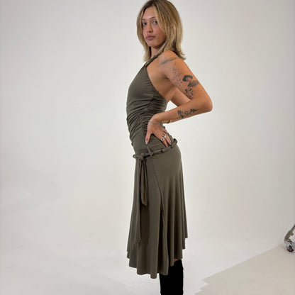 Khaki Belted Halter Dress