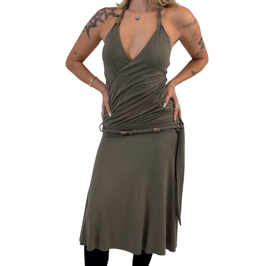 Khaki Belted Halter Dress