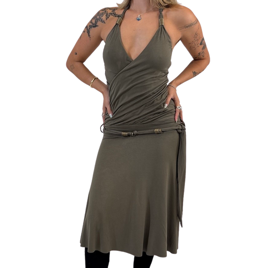 Khaki Belted Halter Dress