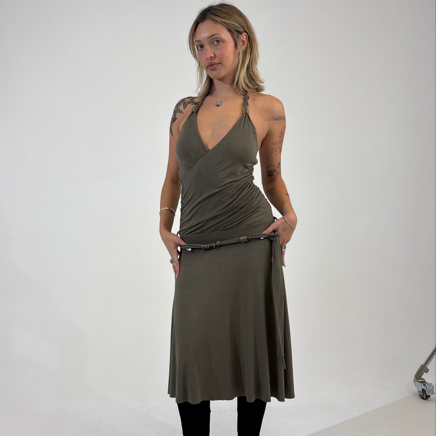 Khaki Belted Halter Dress