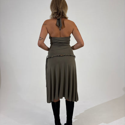 Khaki Belted Halter Dress