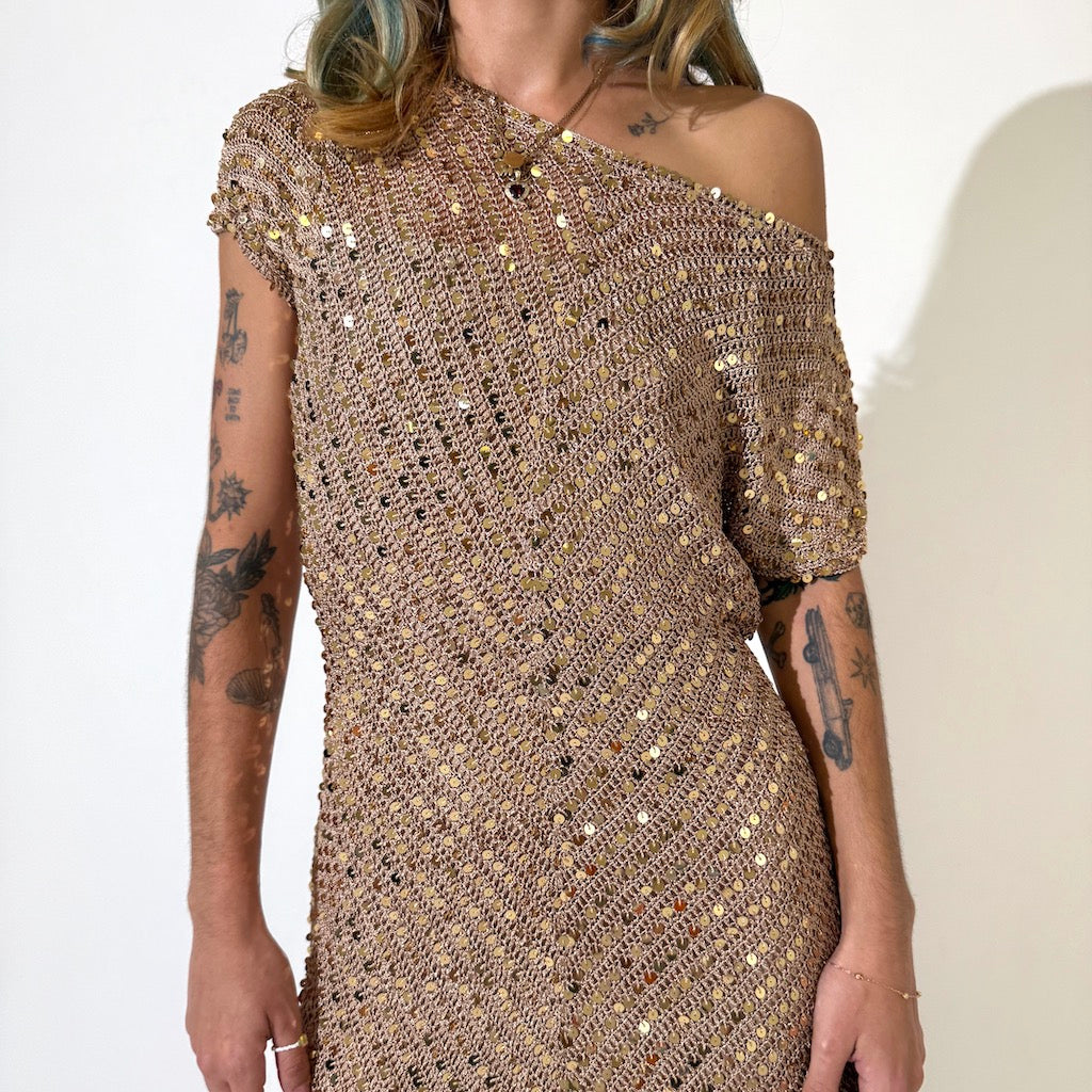 Gold Sequin Knitted Vintage Dress
