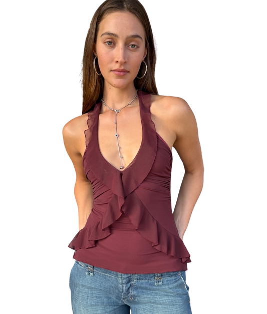 Femme Ruffle Maroon Halter Top