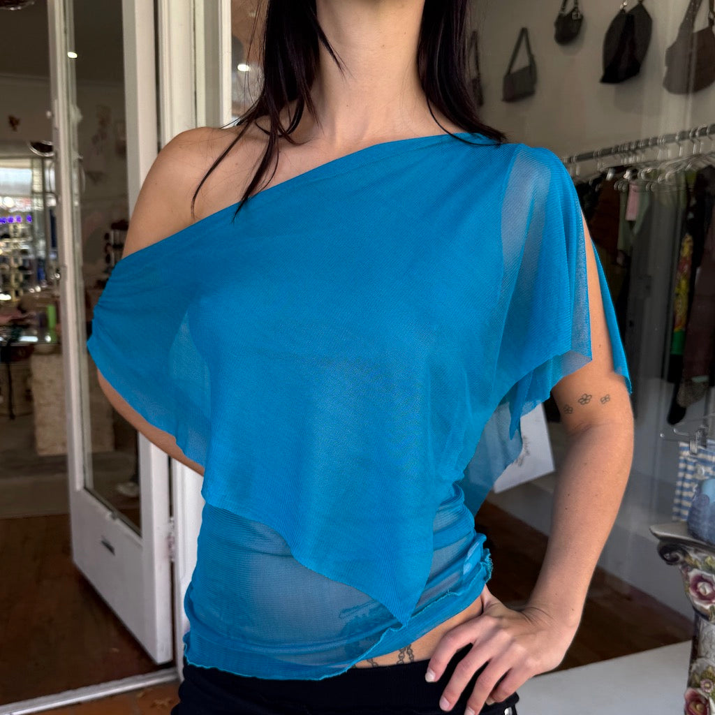 Silk Mesh Draped Top - Electric Blue