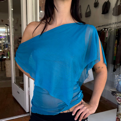 Silk Mesh Draped Top - Electric Blue