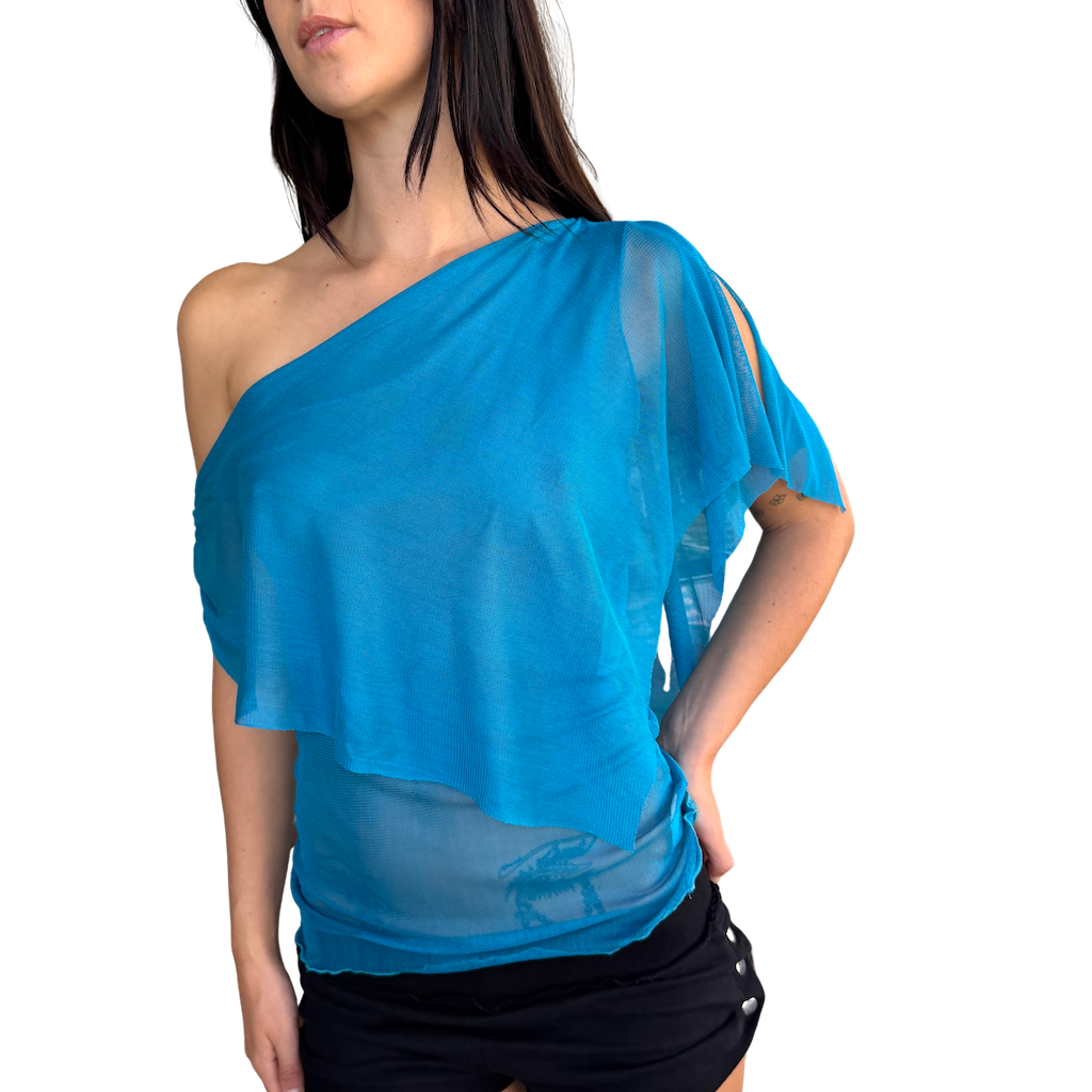 Silk Mesh Draped Top - Electric Blue