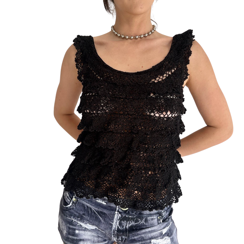 Vintage Black Crochet Layered Top