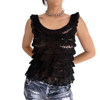 Vintage Black Crochet Layered Top