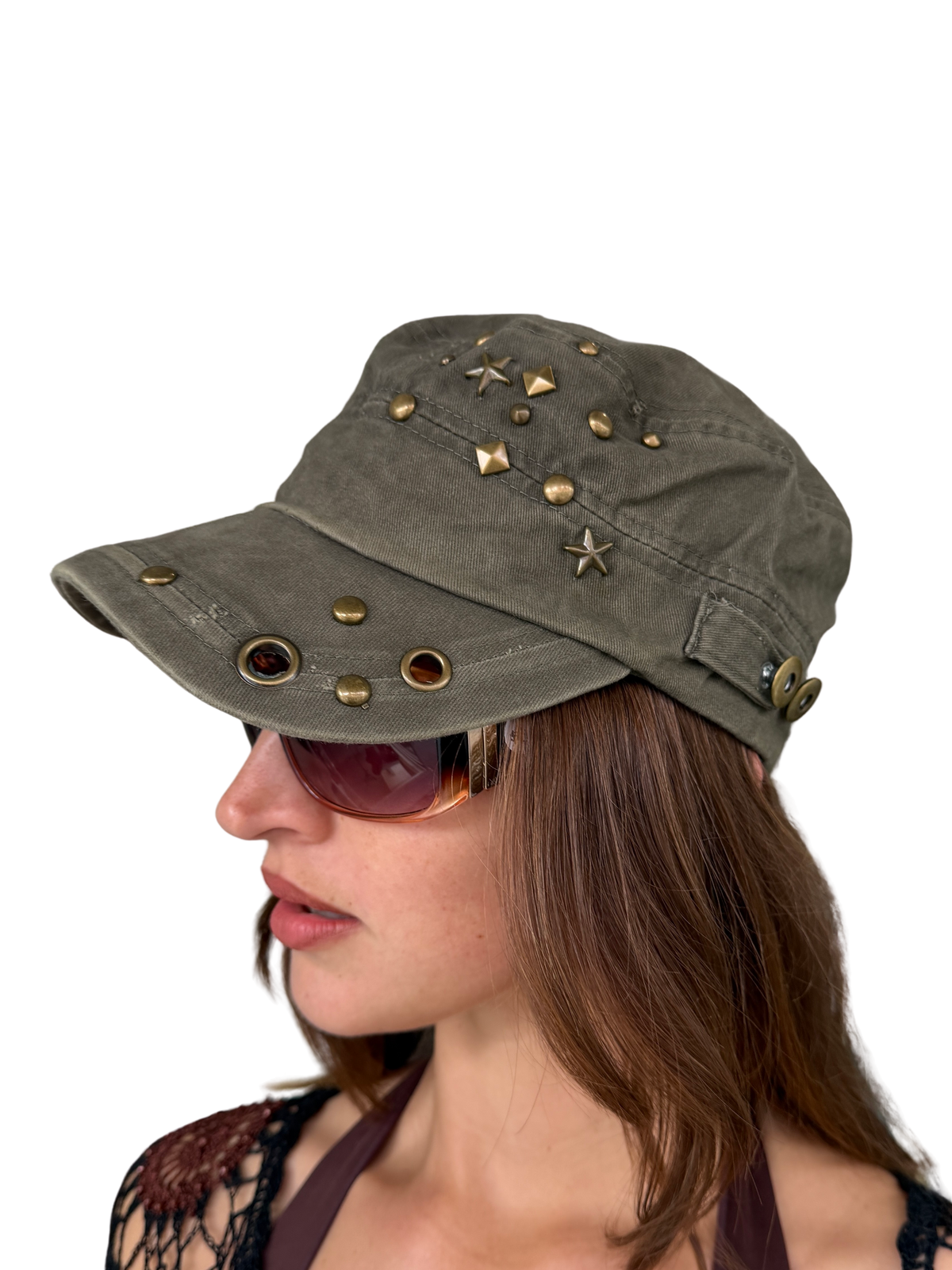 Studded Military Hat Cap - Khaki