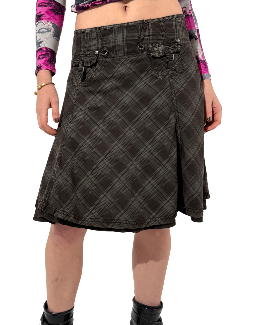 Check Grey Midi Skirt