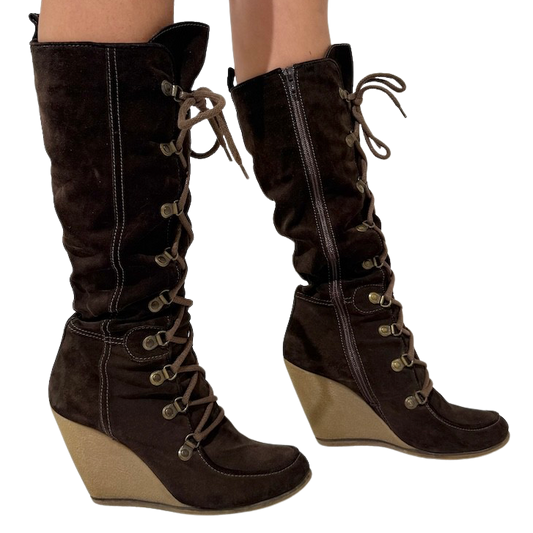 Fornarina Lace up Suede Wedge Boots