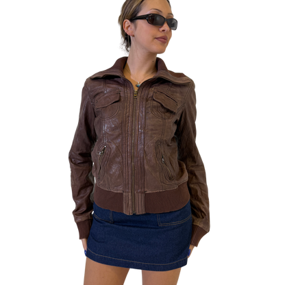 Choc Leather Bomber Jacket