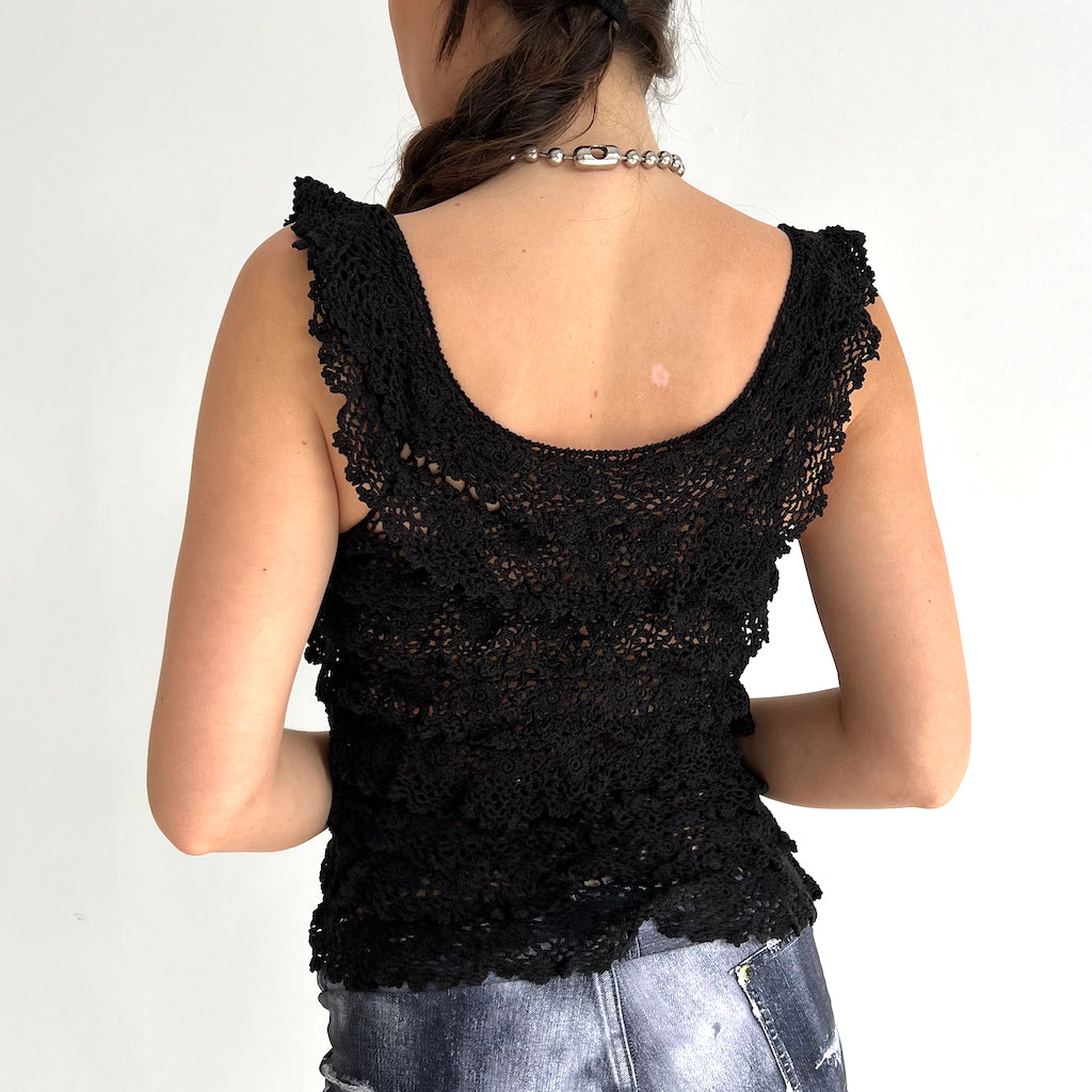 Vintage Black Crochet Layered Top