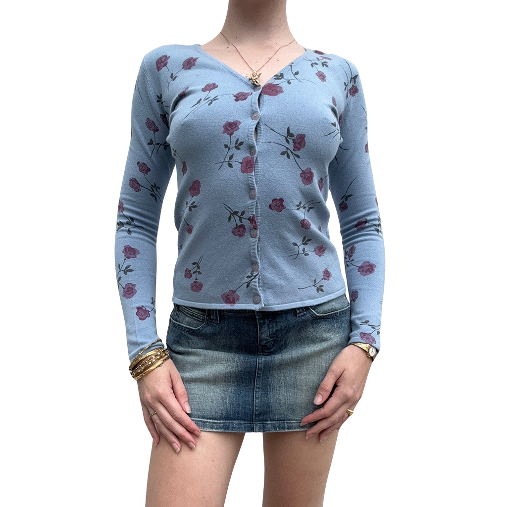 Floral 90s Powder Blue Soft Cardigan